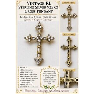 Vintage RL Sterling Silver 925 CZ Cross Pendant Two Tone Gold Silver 2.15g